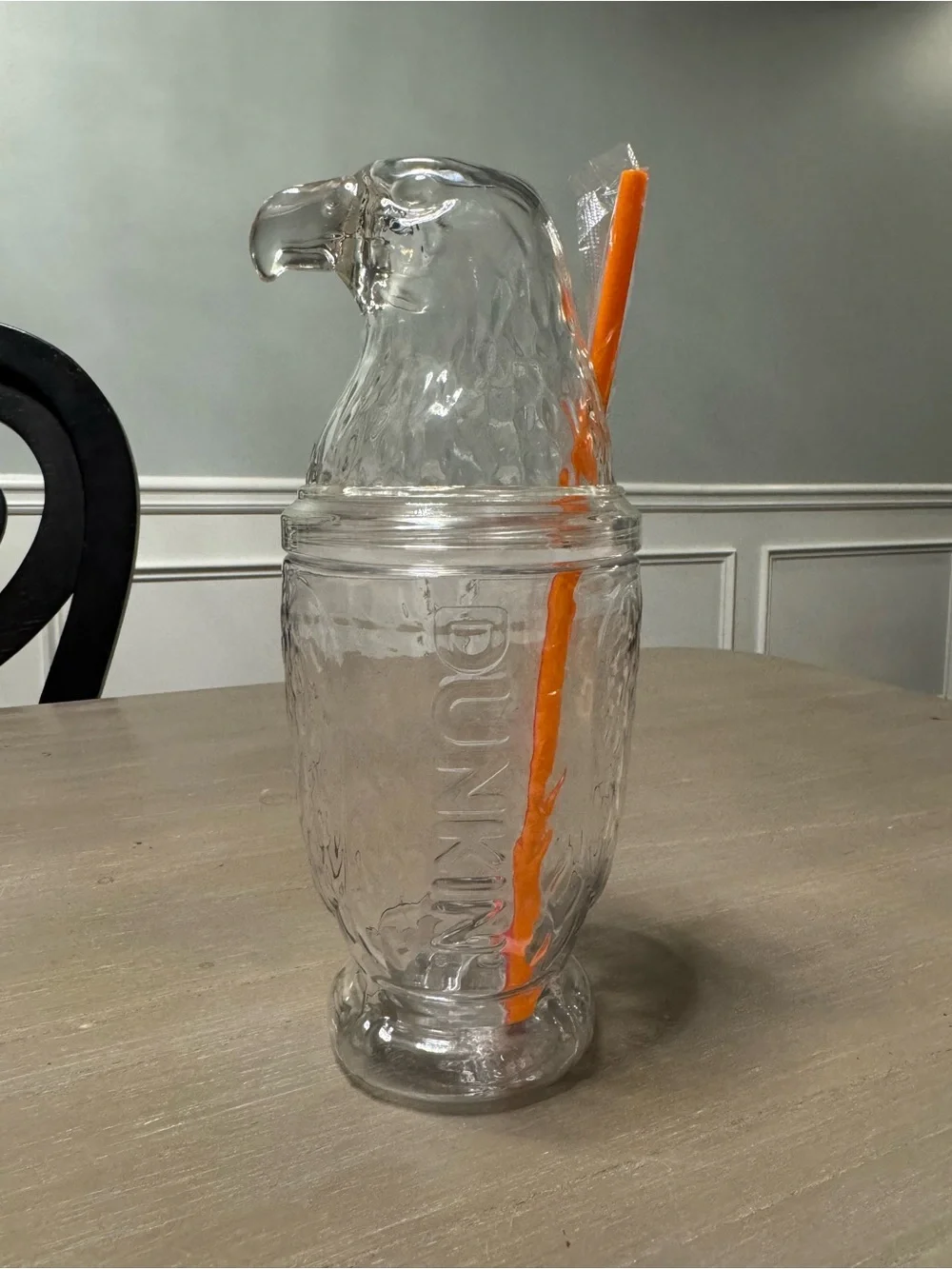 DUNKIN Clear Eagle Head Tumbler with Orange Straw NEVER BEEN USED
